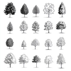 Fototapeta premium Black and White Drawings Of Various Tree Types