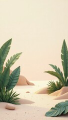 Pale sandy landscape with scattered, abstracted tropical leaves, pastel, landscape