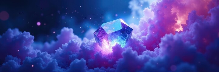 Purple haze dissolves into a radiant blue aura surrounding a delicate crystal, blue, swirling, luminosity