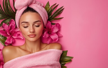 Woman relax in SPA wrapped in a soft towel. Bright pink background. top view