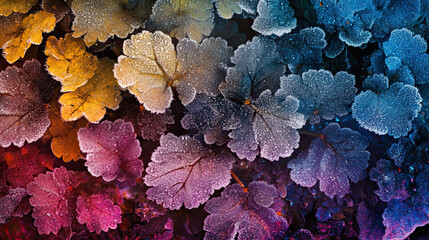 Colorful Leaves with Dew Drops on Surface in Vibrant Shades
