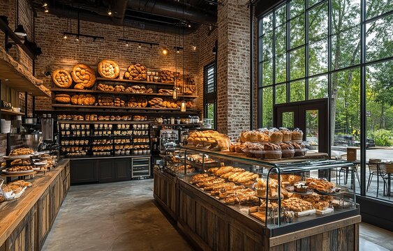 Bakery interior showcasing freshly baked goods and a cozy atmosphere with large windows letting in natural light
