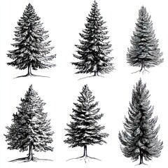 Fototapeta premium Six Detailed Ink Drawings Of Evergreen Trees