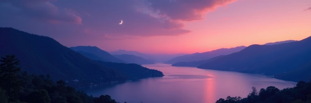 Silvery crescent moon casts gentle glow on hills around Yesa lake at dusk, hillside, sky