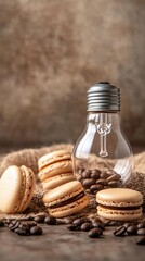 Obraz premium Coffee macarons, burlap, lightbulb, beans. Food photography