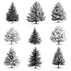 Obraz premium Nine Detailed Ink Drawings Of Various Tree Types