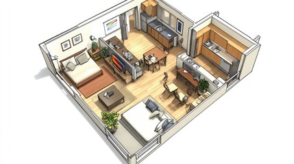 Open apartment floor plan with a cozy living room corner, a compact dining table, and a cleverly arranged workspace for optimal flow
