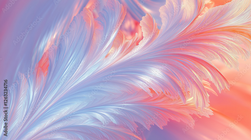 Poster a fractal feather with delicate glowing threads in iridescent pastel hues