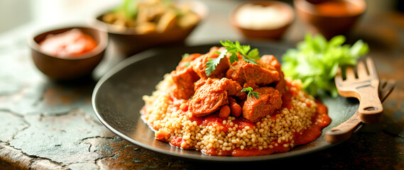 close-up of a savory meat and couscous dish in a rich tomato sauce