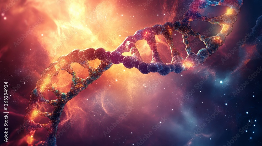 Poster a fractal dna strand glowing with cosmic energy and flowing through a nebula