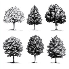 Fototapeta premium Six Detailed Ink Drawings of Various Tree Types