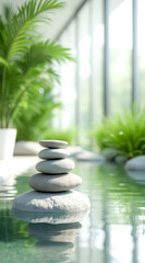Obraz premium four gray stones balanced on a larger stone in tranquil water
