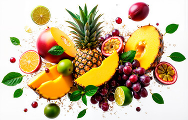 Fresh tropical fruits in motion with splashes of water, including mango, pineapple, pomegranate and citrus fruits, on a white background.