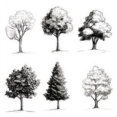 Fototapeta premium Six Ink Drawings of Various Tree Types