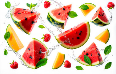 Summer composition of floating slices of watermelon, melon, lemon and raspberry with drops of water and fresh mint.