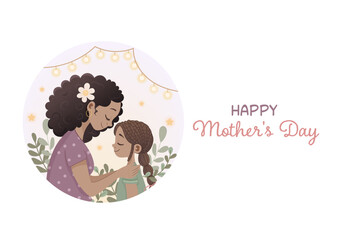 Mother's Day postcard, banner, poster, dark-skinned woman hugging her daughter