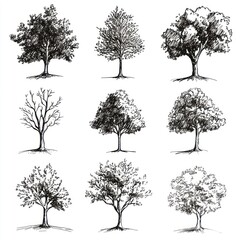 Obraz premium Nine Ink Drawings of Various Trees in Different Seasons