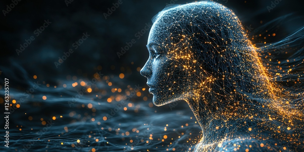 Wall mural digital representation of a woman with glowing particles illustrating connection and technology in a