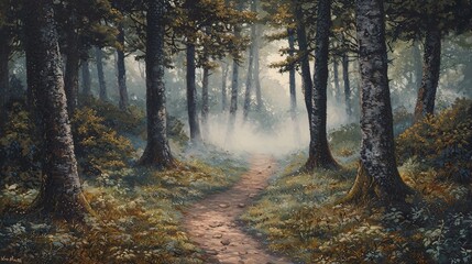 Obraz premium Misty forest path, tranquil woodland scene.