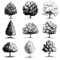 Fototapeta premium Nine Ink Drawings Of Various Tree Types