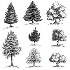 Fototapeta premium Collection Of Hand Drawn Black And White Trees