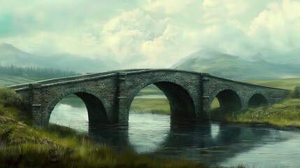 Fototapeta premium Misty, green landscape with an old stone arch bridge over a calm river.