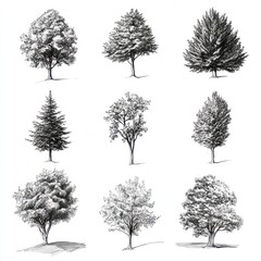 Fototapeta premium Nine Detailed Ink Drawings of Various Tree Species