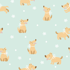 Naklejka premium Seamless cartoon cheerful dogs with bow