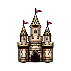 Create a detailed vector illustration of a majestic castle with fluttering flags, featuring editable strokes for easy customization.  Include intricate details.
