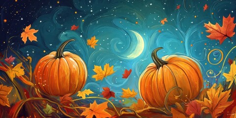 Naklejka premium Two pumpkins surrounded by autumnal leaves under a starry night
