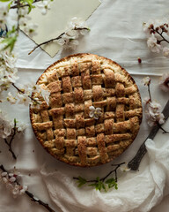 homemade shortcrust pastry pie, top view, layout