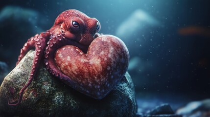 Octopus on a rock hugging a heart-shaped object.