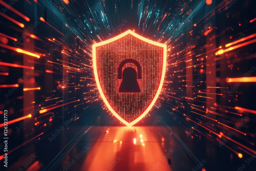 Poster digital security concept featuring code flow through a shield with a lock