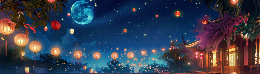 serene night scene with lanterns and full moon illuminating tranquil landscape