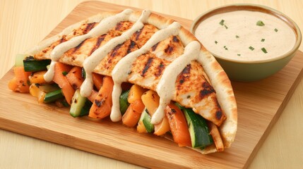 Delicious shawarma served on a wooden cutting board on a table with natural light and rustic ambiance