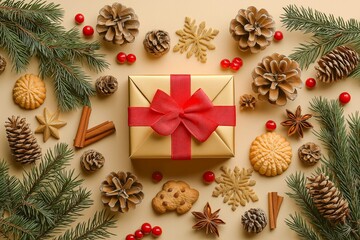 Christmas decoration composition on light gold background with beautiful Golden gift box with red ribbon, fir branches, cones, stars, Christmas cookies,cinnamon, top view, copy space, banner format