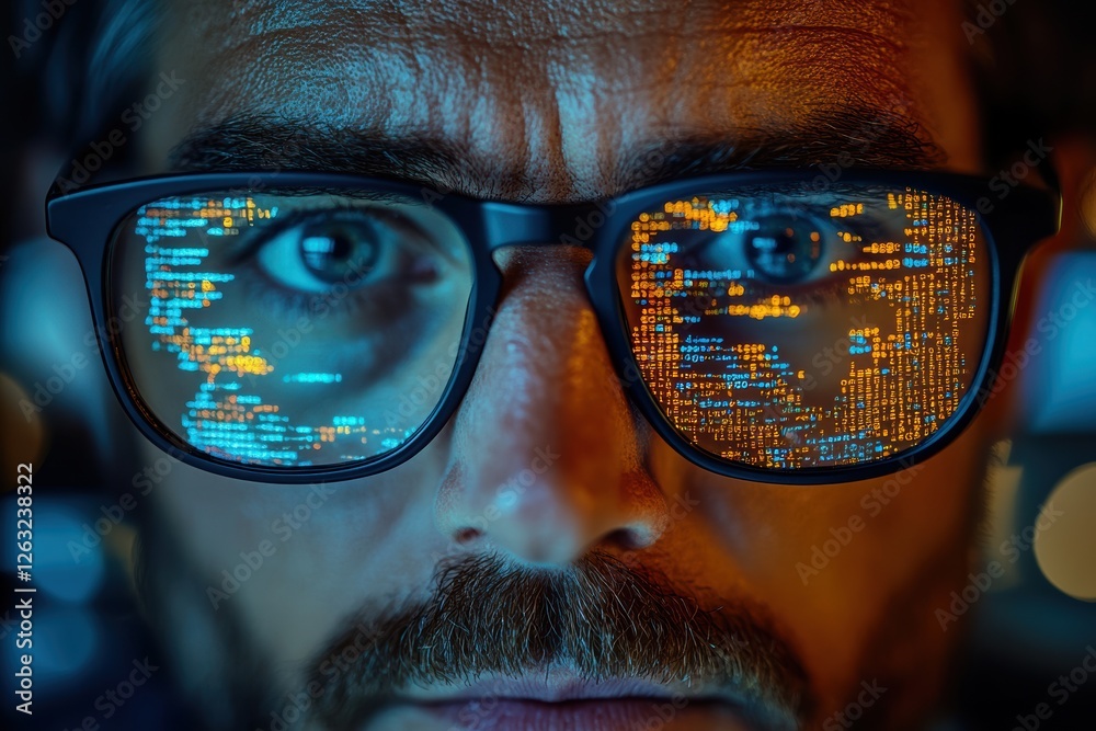 Poster focused developer working on code with glasses reflecting data in a tech environment at night