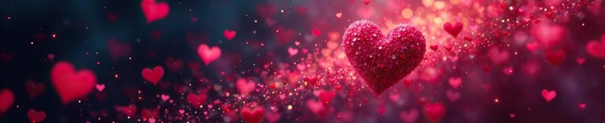 Fototapeta premium Flying hearts amidst a whirlwind of glittering, iridescent particles and stardust, whirlwind, sparkles
