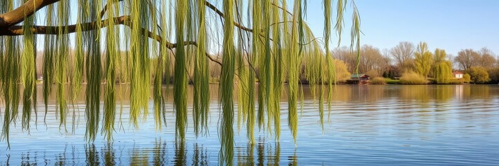 Fototapeta premium the branches of a weeping willow tree gently sway in the breeze over the surface of a quiet and reflective lake, outdoor scenery, misty atmosphere, gentle breeze