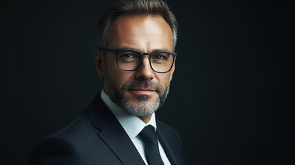 Portrait of Confident Mature Businessman Wearing Glasses Professional Attire Dark Background tie    