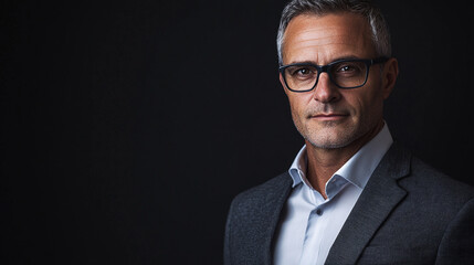 Portrait of Confident Mature Businessman Wearing Glasses Dark Background Professional Serious suit  