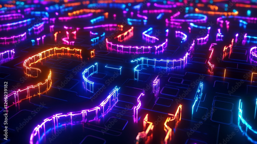 Poster a cybernetic fractal structure, with neon circuits forming an endless labyrinth.