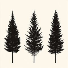 Three Silhouettes Of Evergreen Trees Against A White Background