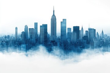 Obraz premium Dynamic urban skyline view featuring iconic building silhouettes in a misty atmosphere