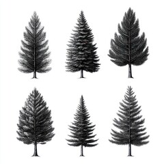 Fototapeta premium Six Detailed Illustrations of Evergreen Trees