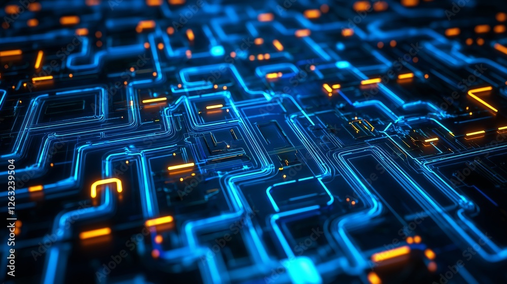 Poster A cybernetic fractal structure, with neon circuits forming an endless labyrinth.