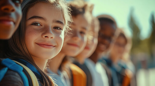 Happy Diverse Children Smiling Together School Friends Backpacks kids kids group unity youth faces  