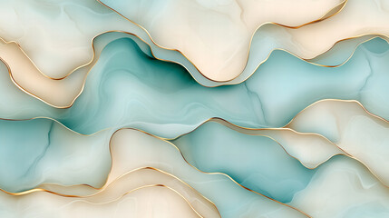 Abstrakcyjny kremowy i niebieski falisty wz&oacute;r ze złotymi żyłkami na nowoczesne tło estetyczne