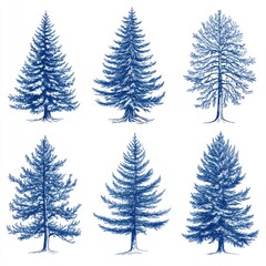 Obraz premium Six Blue Ink Drawings Of Various Coniferous Trees