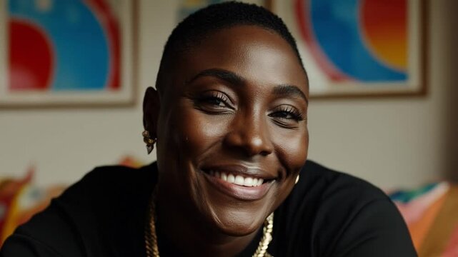 Confident queer person with short hair and gold jewelry, representing LGBTQ+ pride and empowerment in a modern setting.